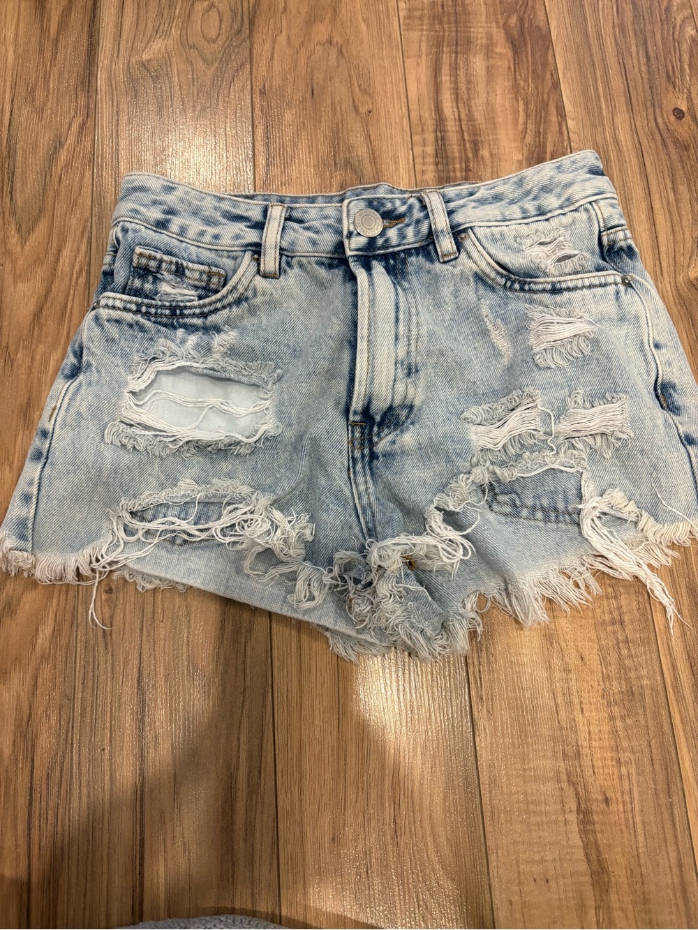 Distressed Light Blue Denim Shorts - Women's High-Rise Cutoff